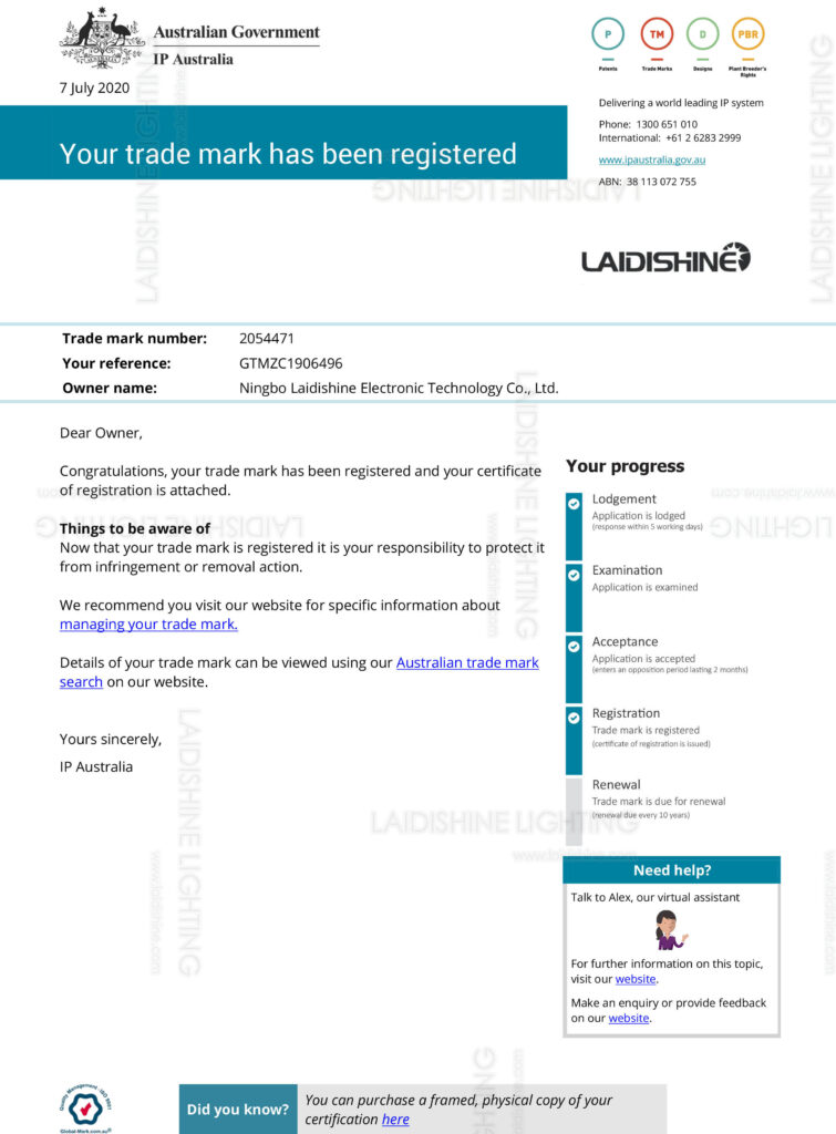LAIDISHINE Trademark Registration Certificate-Australia